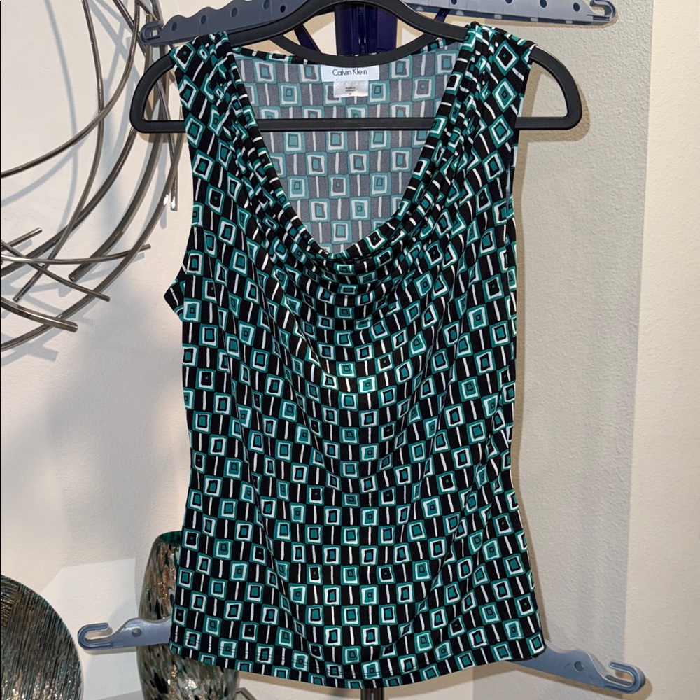 Calvin Klein Black and Teal Geometric Women's Blouse
